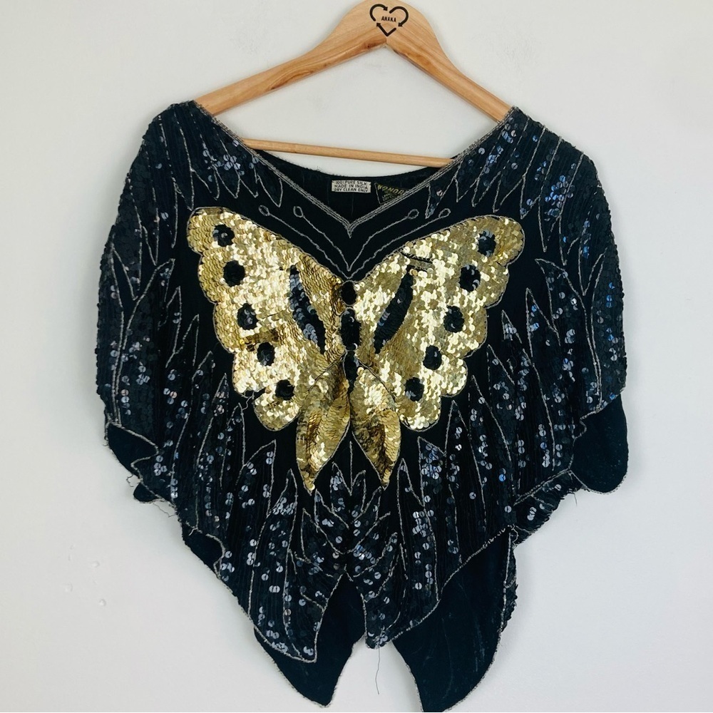 Vintage 70s silk sequin butterfly gold and black disco top. One size